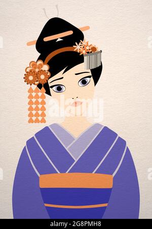 Porträt der japanischen Geisha in traditioneller Kleidung Illustration Zeichnung gekleidet Stockfoto