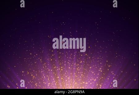Violetter Hintergrund mit violetten Strahlen und glühendem Gelb funkelt. Abstrakter Hintergrund mit Lichteffekten. Stock Vektor