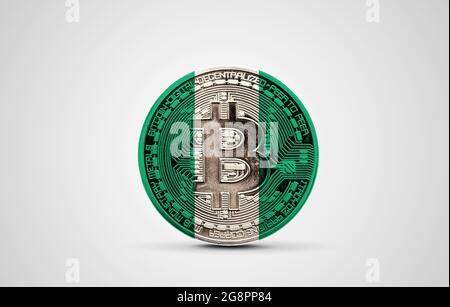 Pakistanische Flagge auf einer Bitcoin-Kryptowährung-Münze. 3D-Rendering Stockfoto