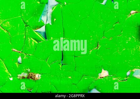 Wand mit grüner Farbe in Rissen. Hintergrund für Design. Grunge Textur. Hochwertige Fotos Stockfoto