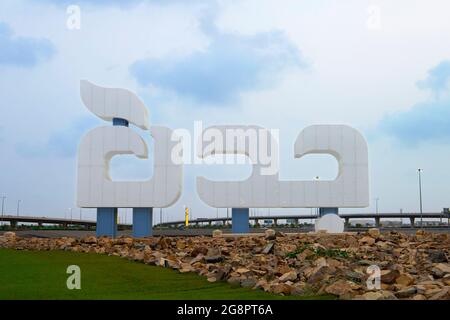 Jeddah Schild an New Beech, Jeddah Waterfront - Saudi-Arabien Stockfoto