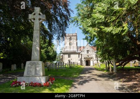 St. Peter's und St. Paul's Church in Hambledon, einem Dorf in Hampshire, England, im Sommer oder Juli, mit dem Kriegsdenkmal Stockfoto
