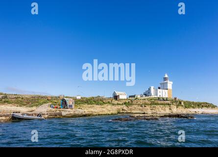 Victorian Trinity House Leuchtturm und Hüttenhütte, Coquet Island Wildlife Sanctuary an der Küste von Northumbria, vor Amble, Nordostengland Stockfoto