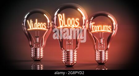 Videos, Blogs, Foren Konzept - Leuchtmittel - 3D-Illustration Stockfoto