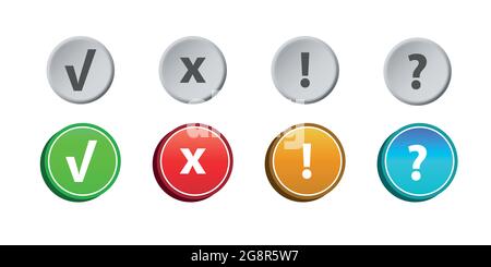 Ausrufezeichen für Vektorkennzeichen, Symbole für Fragezeichen gesetzt. Flache Symbole für Web- und mobile Anwendungen. Runde flache Form mit Schatten. Stock Vektor