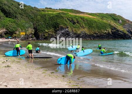 Rossarbery, West Cork, Irland. Juli 2021. West Cork sonnte sich heute an einem weiteren heißen Tag, mit Temperaturen in den hohen 20er Jahren. Das Warren Beach war voller Urlauber. Die Kinder nahmen Surfunterricht bei der Surfschule „Surf 'n' Sup“. Quelle: AG News/Alamy Live News Stockfoto
