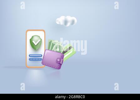 Online-Zahlung Landing Page Website Design Vorlage 3d. Smartphone, Bankkarte, Scheck, Schild und Bargeld. Stock Vektor