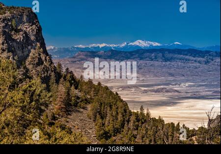 Tule Valley, Snake Range in Nevada im bezirk, Pinyon-Wacholder-Wald, von der Straße im Swasey Mountain Massiv, House Range, Great Basin Desert, Utah, USA Stockfoto