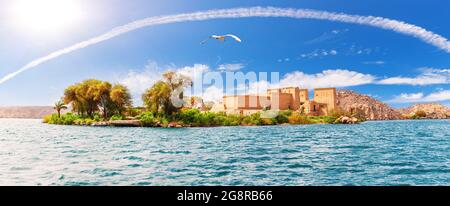 Philae Island Panorama, Nasser See auf dem Nil, Assuan, Ägypten Stockfoto