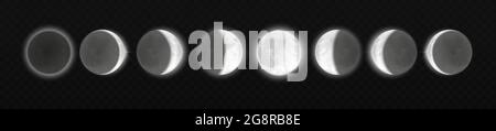 Mondfinsternis, verschiedene Phasen, realistisches Mondlicht in Stadien vom Vollmond bis zum dünnen Mond Stock Vektor