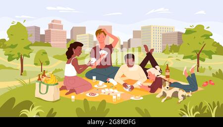 Freunde Menschen auf Picknick-Party in der Sommer-Stadt Park Landschaft, Kartenspiel spielen, trinken Stock Vektor
