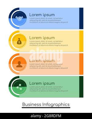 Vierstufiger Prozess mit blauer, grüner, gelber und orangefarbener Designvorlage für die Unternehmens-Infografik Stock Vektor