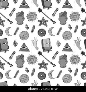 Nahtloses Muster mit handgezeichneter Doodle-Linie Kunst Himmelskörper und magische Gegenstände. Monochrome spirituelle mystische Wiederholungs-Textur Stock Vektor