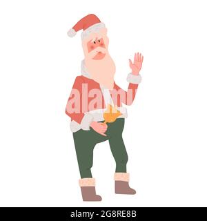 Santa Claus Cartoon-Figur, flache Cartoon-Vektor-Illustration isoliert auf weißem Hintergrund. Weihnachtsmann steht mit winkender Hand. Stock Vektor