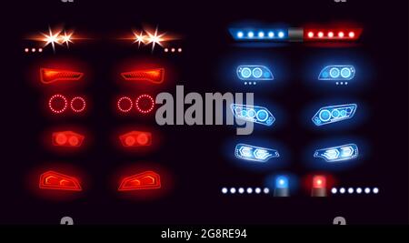 Autoscheinwerfer Bar, LED-Automobil-Licht. Realistische Auto Lights Front View Kollektion mit leuchtendem Effekt in der Nacht, leuchtend rot-blaue Lampen am Fahrzeug Stock Vektor