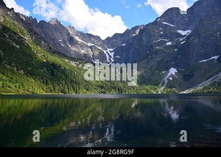 See Morskie oko, auch Auge des Meeres genannt, umgeben von Wald und Bergen. Hohe Tatra, Polen. Stockfoto