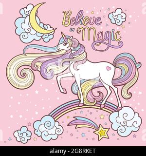 Ein schönes weißes Einhorn mit einer langen Mähne auf einem Regenbogen. Vektor Stock Vektor