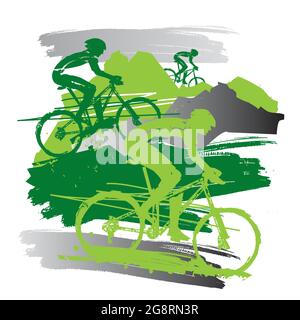 Mountainbiker, Bergtour. Ausdrucksstarke Grunge stilisierte Illustration von Mountainbike-Radfahrern. Vektor verfügbar. Stock Vektor