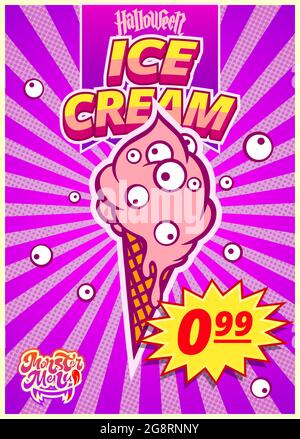 Monster-Menü mit Eis. Ein vertikales Banner mit einem Preisschild für ein Fast-Food-Café an Halloween. Vektorclipart . Stock Vektor