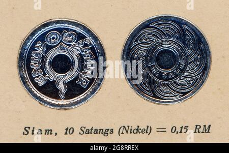 Siam 1 satangs Nickel Münze zu 0.015 RM Karte Umwandlung. Stockfoto