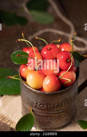 Frische gelbe und rote Kirschen in einem Vintage-Becher, Nahaufnahme Stockfoto