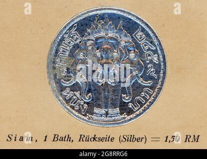 Siam King rama 6 drei-Kopf-Elephaten 1 Bad Silbermünze zu 1.50 RM Karte Umwandlung. Stockfoto