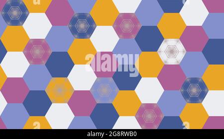 Nahtloses, abstraktes Sechseck-Muster in 6 Farben. Geometrisches Ornament für Digitalpapier, Textildruck, Tapete, Hintergrund, Design. Vektorgrafik. Stock Vektor
