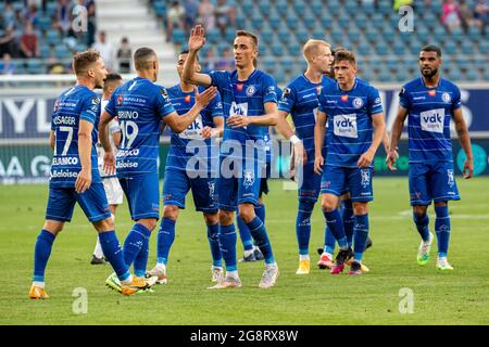 Die Spieler von Gent feiern, nachdem sie in einer zweiten Runde des Qualifikationsspiels für die Conference League, dem dritten europäischen Wettbewerb, einen Treffer erzielt haben Stockfoto
