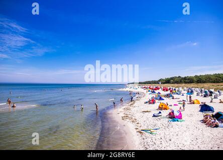 Prerow, Deutschland. Juli 2021. Urlauber und Tagesausflügler besuchen den Ostseestrand in der Nähe der Seebrücke. Quelle: Jens Büttner/dpa-Zentralbild/ZB/dpa/Alamy Live News Stockfoto