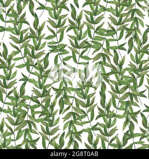 Grüne Blätter in zufällig angeordnet, um nahtlose Blumenmuster handgezeichnete botanische Aquarell-Illustration, einfache grüne Ornament für Textil, Geschenkpapier, umweltfreundliche Urlaub oder Heim-Dekor Stockfoto