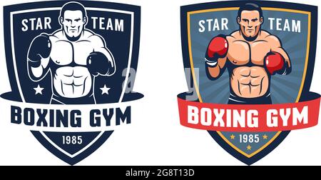 Boxer in Kampfstellung - Vintage Boxstudio Logo Stock Vektor