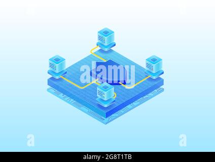 IT-Sicherheitskonzept für Rechenzentren. Isometrische 3d-Vektordarstellung des Sicherheitssymbols und der angeschlossenen Server. Stock Vektor