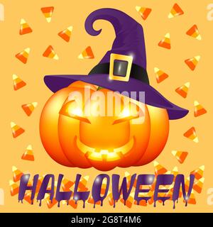 Orangefarbener leuchtender Laterne-Kürbis in einem lila Hexenhut mit Süßigkeiten und der Aufschrift Halloween. Halloween Poster, tolles Design für jeden Zweck. Stock Vektor