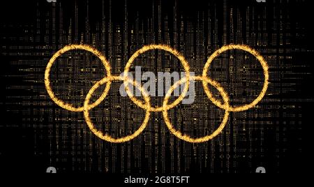 Goldene olympische Ringe von Fire Flames und Goldfarben auf schwarzem Hintergrund mit Textur leuchtet. Olympics Sport Konzept Kreative Idee. Stockfoto