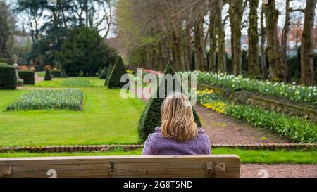Frau mit langen blonden Haaren sitzt auf einer Bank in einem Park und genießt die Aussicht in einem rosa Mantel Stockfoto