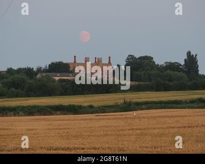 Eastchurch, Kent, Großbritannien. Juli 2021. UK Wetter: Der fast Vollmond, der heute Abend über der Shurland Hall in Eastchurch, Kent, aufsteigt. Der volle Buck-Mond wird in den nächsten Tagen sichtbar sein. Kredit: James Bell/Alamy Live Nachrichten Stockfoto