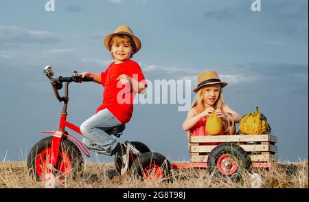 Kinder reiten im Freien Fahrräder, Kinder bereit für die Arbeit auf dem Bauernhof. Kindheit auf dem Land. Sommer auf dem Land. Öko-Leben. Unbeschwerte Kindheit. Happy littl Stockfoto