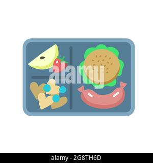 Lunchbox mit Burger, Früchten, Keksen und Apfel, isoliert auf weißem Hintergrund. Stock Vektor