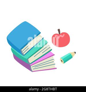 Stapel von Büchern, Bleistift und Apfel isoliert auf weißem Hintergrund. Konzeptionelle minimalistische Illustration zum Thema Schule oder Studentenleben. Stock Vektor