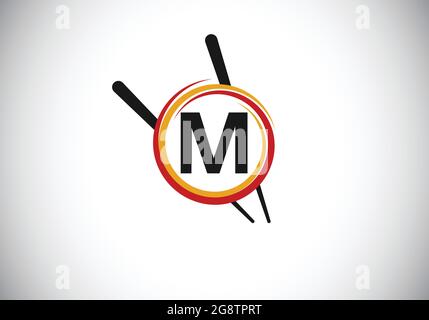Initiales M-Monogramm-Alphabet im abstrakten Kreis mit Chopstick. Abstraktes asiatisches Sushi-Bar-Emblem. Logo für japanische Sushi-Meeresfrüchte-Geschäfte Stock Vektor