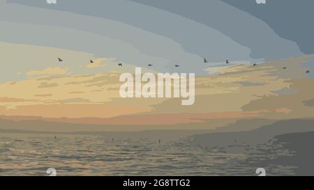 Silhouette von Seevögeln, die bei Sonnenuntergang über dem Meer fliegen. Stock Vektor