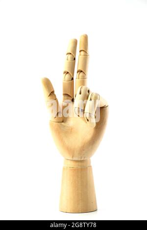 Holzhand isoliert auf weißem Hintergrund Stockfoto