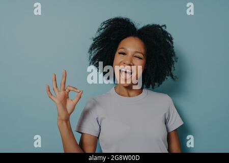 Hübsches Mädchen mit gemischter Rasse Auftritt zeigt ok Geste mit Fingern und Augenzwinkern Stockfoto