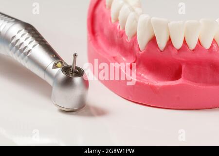 Kopf der High-Speed-Dental-Handstück mit Bohrer und ein Layout des menschlichen Kiefers auf dem weißen Hintergrund. Zahnärztliche Instrumente für die zahnärztliche Behandlung. Nahaufnahme Stockfoto
