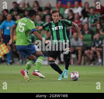 Austin, Texas, USA. Juli 2021. Austin FC Verteidiger Zan Kolmanic (21) während der ersten Hälfte eines Fußballspiels der Major League zwischen dem Austin FC und dem Seattle Sounders FC am 22. Juli 2021 in Austin, Texas. Seattle gewann mit 1:0. (Bild: © Scott Coleman/ZUMA Press Wire) Stockfoto