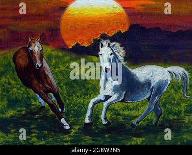 Handgemalte Original-Meisterwerke des Impressionismus Maler Kunst Ölmalerei Pferd und Pony im Zoo Stockfoto