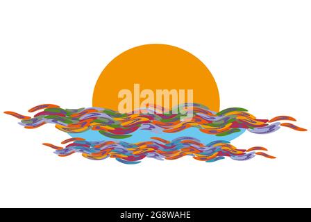 Orangefarbene Sonne und Regenbogenwelle auf weißem Hintergrund. Vektorgrafik Stock Vektor