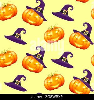 Kürbis nahtlose Muster, ideal für Halloween-Designs, Tapeten, Textilien, Geschenkpapier. Nahtlose Muster halloween Kürbisse auf gelbem Hintergrund Stock Vektor