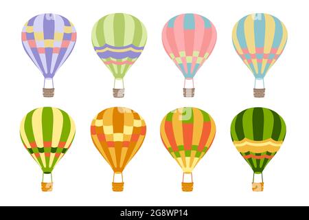 Setzen Sie verschiedene farbige Ballons in flachem Stil auf weißem Hintergrund. Die Sammlung von Heißluftballon. Cartoon-Stil. Isoliertes Objekt. Designkonzept Stock Vektor