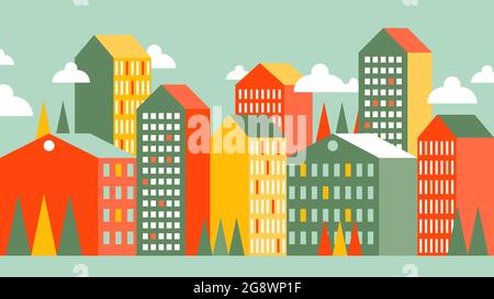 Geometrische Stadtdarstellung. Big Graphic City. Farbenfrohe hohe Gebäude und Häuser. Heller Horizontaler Hintergrund. Vektorgrafik Stock Vektor